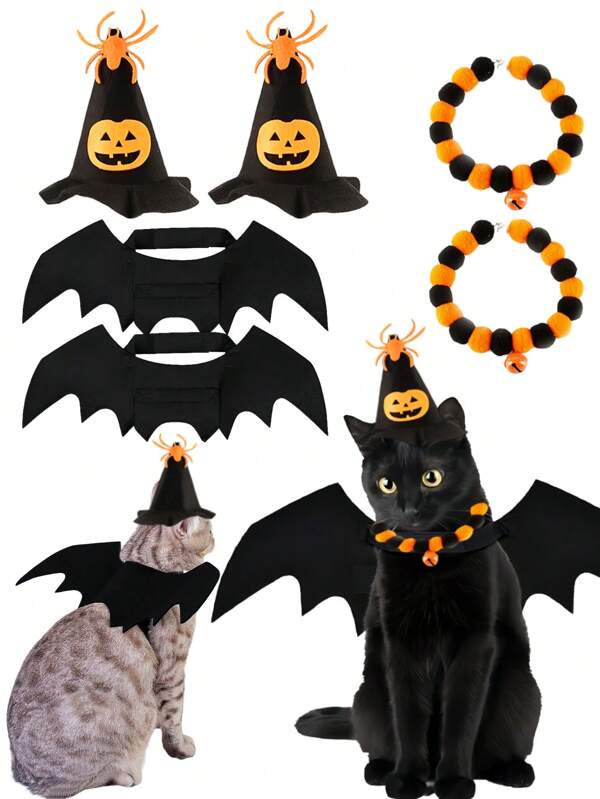 Set de 3 piezas de disfraces de gato para Halloween, con alas de murciélago y accesorios con cascabeles con forma de calabaza, ropa de cosplay de gato con capa de vampiro y sombrero de murciélago y calabaza, para cachorros y gatitos para fiestas de Halloween
