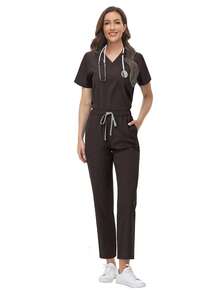 水疗制服 女式透气柔软短袖上衣直筒裤套装美容院美甲师工作服护士制服