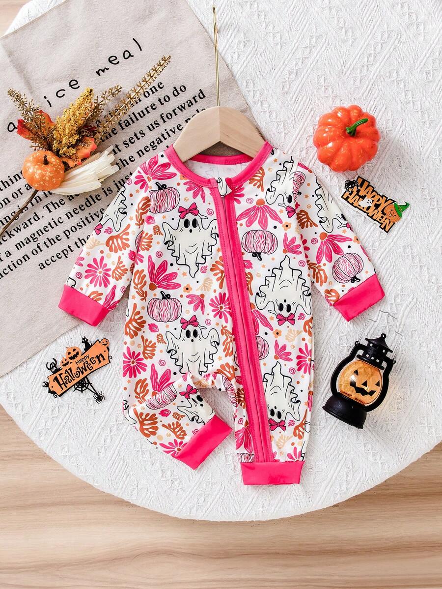 1pc Baby Girls' Halloween Pumpkin & Ghost Print Funny Design Contrast Color Zipper Romper, Long Sleeve, Fit For 0-9 Months Infants, Holiday Cute Outfit