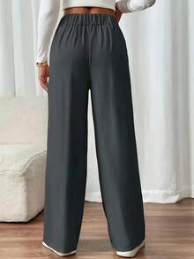 Plus Size Casual Long Wide Leg Pants Woven Fabric Pocket Button Details - Dark Grey - View 4
