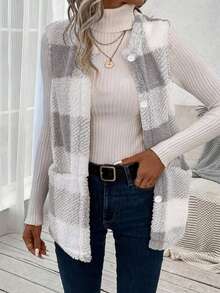 2025 Herbst/Winter Damen Lässig umkehrbarer Fleeceweste, karierter Jacke