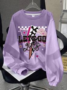 Girls' Casual Patterned Long Sleeve Crew Neck Thickened Sweatshirt, Suitable For Autumn/Winter Wear - Purple - View 1