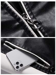 Men's Zipper Closure Long Sleeve Fitted Casual PU Leather Biker Jacket,Men's Stand Collar Leather Jacket Fall Color Block Motor Biker Jacket Full Zip Outerwear Coats ,For Boyfriend