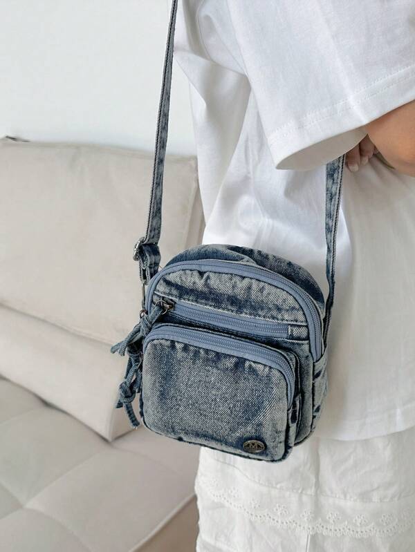 Men's Messenger Bag, Versatile And Portable Denim Bag, Youth Phone And Coin Purse, Wear-Resistant Small Backpack, Fashionable Commuter Small Messenger Bag, Lightweight And Simple Retro Shoulder Bag, Multi-Compartment Shopping Bag Phone Bag
