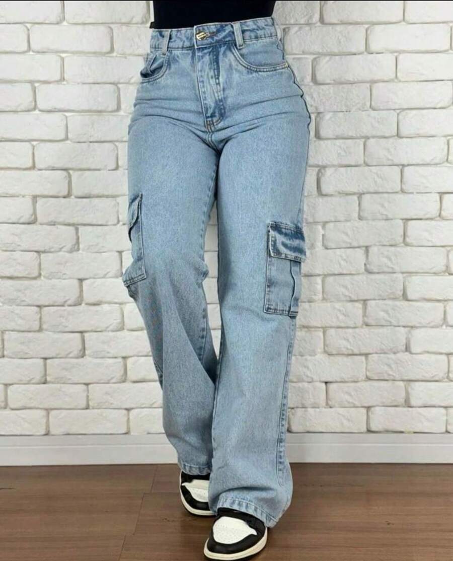 Wide Leg Premium Comfortable  Cargo Jeans - 淺色水洗藍 - 查看 1
