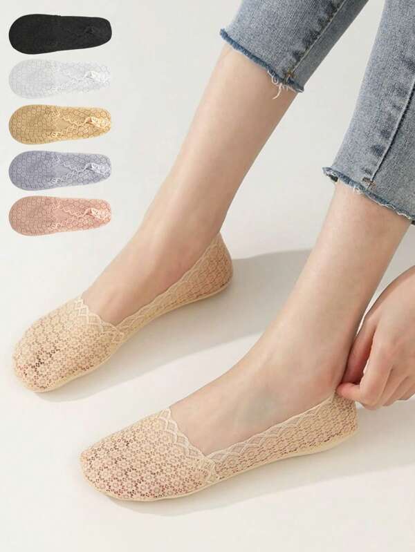 5 pares de calcetines invisibles de encaje de verano para mujer con suela antideslizante, calcetines de boca poco profunda, calcetines femeninos con silicona en la parte inferior, calcetines lindos