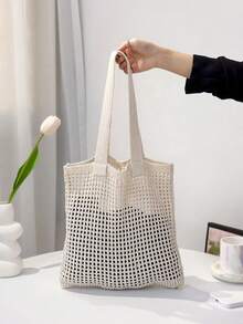 Summer Fashion Resort Beach Bag, Elegant White Ladies Handbag, Crochet Woven Women's Tote Bag, Lunch Bag, Shoulder Bag, Travel Essential, Cruise Essential, Suitable For Casual, Vacation, Shopping And Pairing With Business Casual Outfits, Suitable For Women, College Students, Mother's Day Gift, Wedding Bride & Bridesmaid Gift , Beach Bag - Beige - View 11
