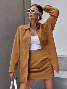 Autumn Corduroy Set, Long Sleeve Shirt And Mini Skirt, Solid Color Casual