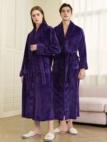 1pc Extra Long Flannel Bathrobe, Adult Flannel Bathrobe, Thermal Lined, Suitable For Hotels, Spas, Beauty Salons, Absorbent & Quick Dry, Loose Fit, Multi-Color, Minimalist Design, Bathroom & Home EssentialsWarm Winter Decora - Multicolor - View 27