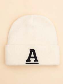1pc Children's Personalized Design Capital Letter Pattern Embroidered Beanie, Minimalist Solid Color Soft Warm Fashionable Cold-Proof Accessory Knit Hat Suitable For Autumn, Winter Daily Outings, Outdoor Warmth, Student School Use - White - View 2
