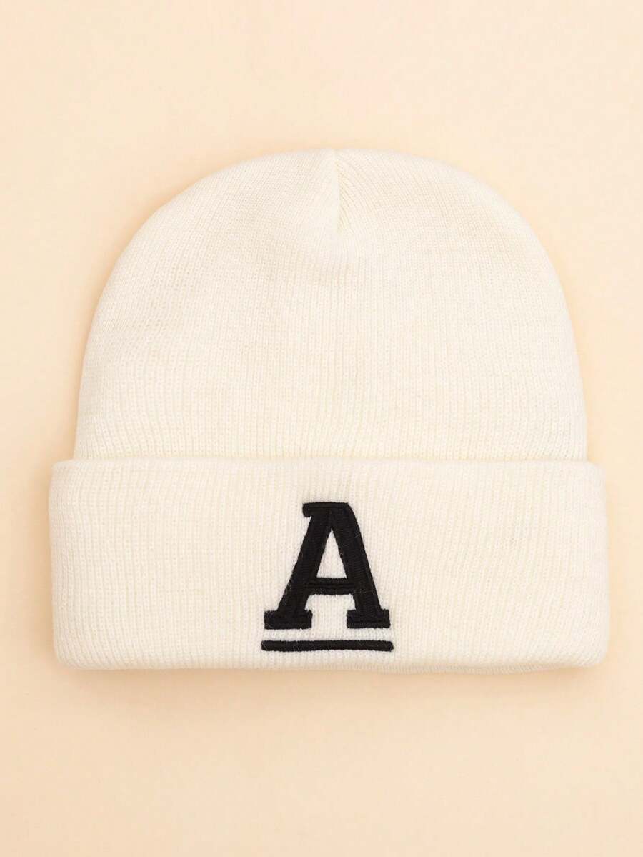 1pc Children's Personalized Design Capital Letter Pattern Embroidered Beanie, Minimalist Solid Color Soft Warm Fashionable Cold-Proof Accessory Knit Hat Suitable For Autumn, Winter Daily Outings, Outdoor Warmth, Student School Use