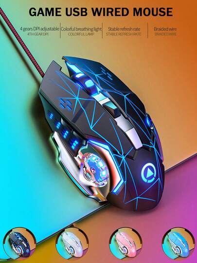 EIGIIS 1 pieza Ratón de juego con cable LED, DPI ajustable a 2400, retroiluminación luminosa, sensación mecánica, para PC