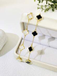 1条四叶草手链，925银|金色黑/白珐琅链|可调节幸运符饰品，女士款（适合日常佩戴、送礼和约会） - 四葉花朵手鍊 - 查看 4