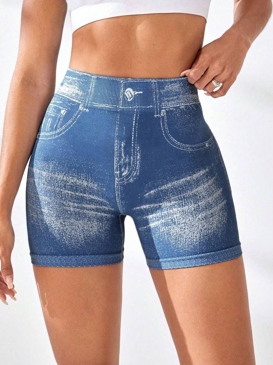 Women's V Back Workout Shorts, Denim Print High Waisted Shorts Stretchy Scrunch Slim Fit Yoga Biker Jegging Butt Lifting Sports Fitness Yoga Pants - 藍色 - 查看 1