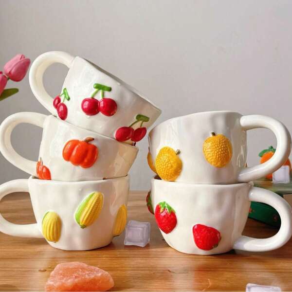 400ml Taza de cerámica con diseño pintado a mano de cerezos, taza de pareja adorable, taza de té o café de alta calidad con flores, adecuada para desayuno, leche, latte
