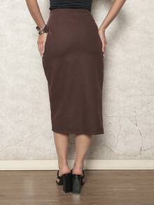 Women's Lined Pencil Skirt With Slit And Buckle Detail In Linen - Rỉ Nâu - Xem 2