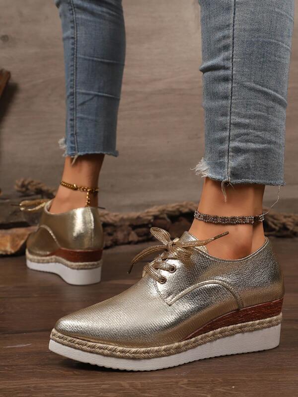 2025 Autumn/Winter New Gold Girl Platform Pointed Toe Women's Shoes, Fleece Lining, Solid Color, Elegant Lace-Up, Outdoor Casual Comfortable Lightweight Shoes