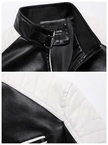 Men's Zipper Closure Long Sleeve Fitted Casual PU Leather Biker Jacket,Men's Stand Collar Leather Jacket Fall Color Block Motor Biker Jacket Full Zip Outerwear Coats ,For Boyfriend