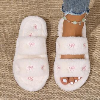 Zapatillas de casa con bordado de lazo para mujer, para otoño/invierno, pantuflas interiores suaves para todas las estaciones, pantuflas planas para mujer, pantuflas para el piso del hogar