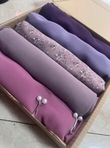 5 pièces/1 set Couleur unie et impression numérique Écharpe plissée en mousseline de soie avec perle Hijab simple mode Châle unicolore pour femmes musulmanes