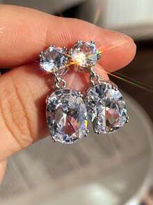 Nooxian 2 件女士耳环，椭圆形铜锆石水钻闪亮大锆石耳环，女士珠宝礼物，日常和派对佩戴 - 銀色 - 查看 4