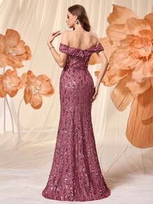 UNITHORSE Women's Off Shoulder Backless Sequins Patchwork Gathered Waist High Split Party Evening Dress - Red Violet - View 3