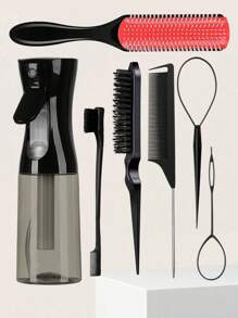 4pcs Spray Bottle And Hairbrush Set, 1 Spray Bottle + 1 Pointy Tail Comb + 1 Eyebrow Brush + 1 Fluffy Comb, Hair Brush For Boys And Girls, Comb Brush For Wet And Dry Curls, Parting Brush, Brush For Coarse And Fine Hair Treatment, Makeup, Black Five Set, Christmas Set Back-To-School Season