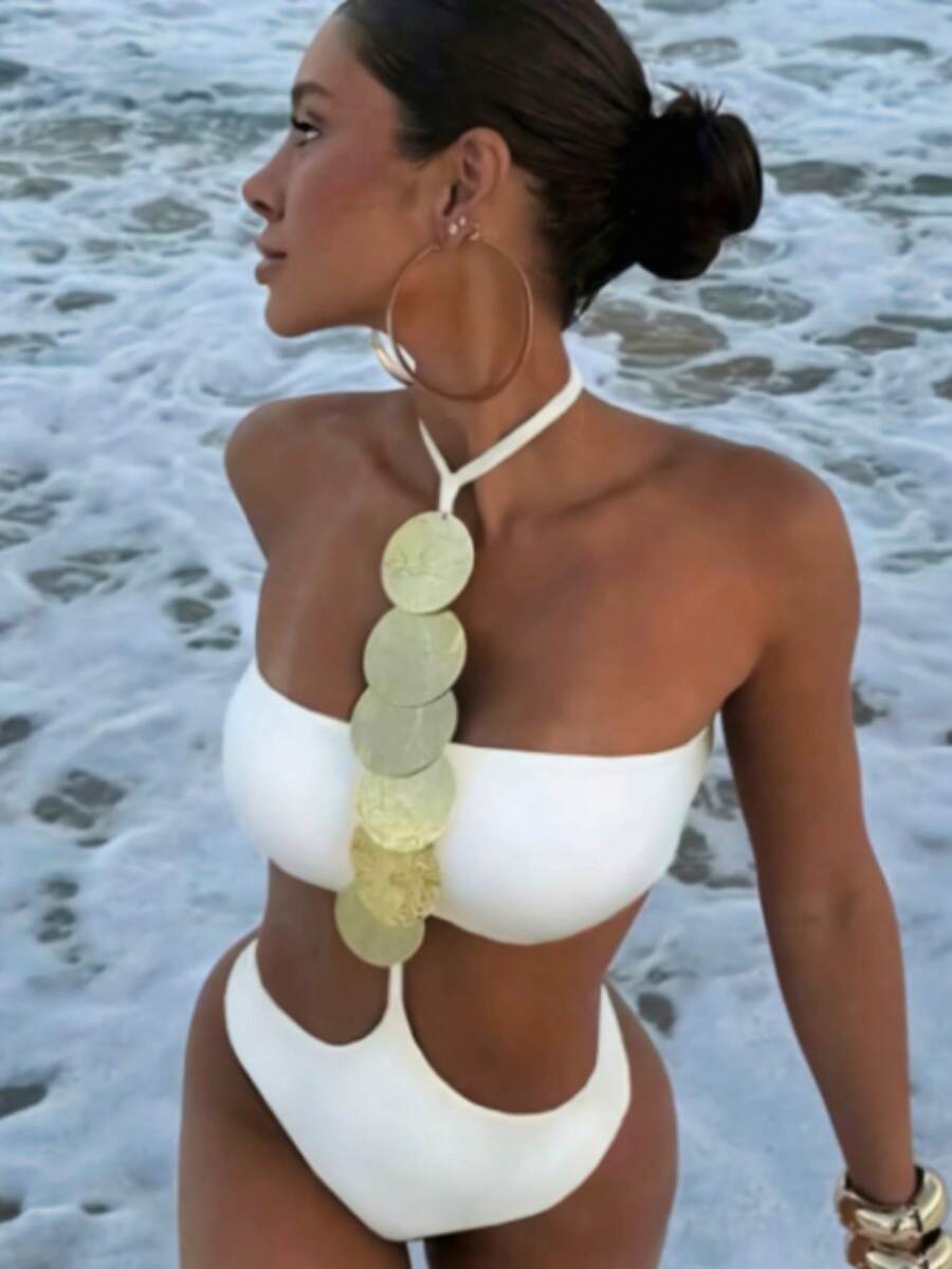 1pc Women's Sexy Halter Sequin Decor One-Piece Swimsuit