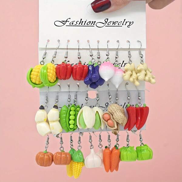 30 Stück/Set Neue Dopamin inspirierte realistische Gemüse Serie Ohrringe Set, lustige & süße Kürbis, Ingwer, Aubergine, Erbsen Ohrringe für Frauen