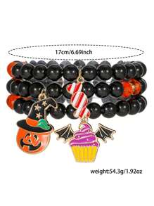 3 peças/Conjunto Pulseira Gótica de Halloween, Conjunto de Pulseira com Pingente de Vidro, Acrílico, Zircônia Cúbica em Formato de Abóbora, Fantasma, Lápide, Cruz, Gato Preto, Teia de Aranha, Milho de Doce, Adequado para Homens e Mulheres, Uso Diário, Festa de Halloween, Presente de Festival