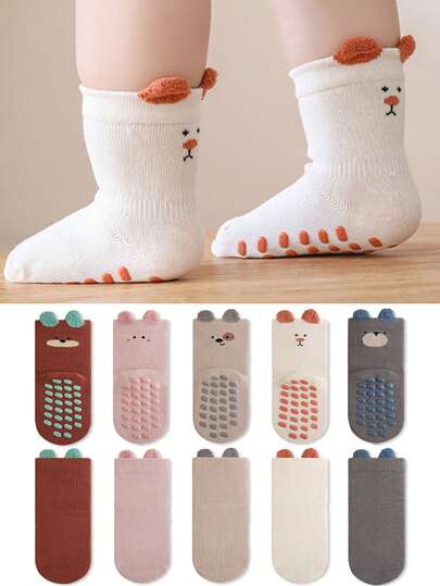 3 双随机混色儿童防滑地板袜，卡通耳朵和表情图案圆点防滑袜，适合幼儿男孩女孩宝宝，可爱动物图案，适合日常休闲穿着