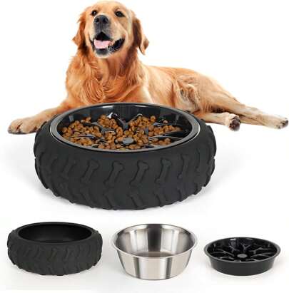 Three-In-One Stainless Steel Dog Bowl, Suitable For Small, Medium And Large Dogs, Slow Feeding Dog Bowl, With Non-Slip Suction Cup Can Be Fixed To The Ground, Can Effectively Improve Pet Indigestion, Obesity And Other Problems