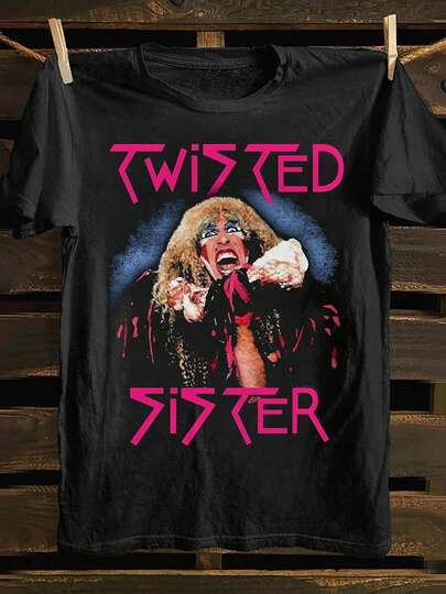 Camiseta Negra de Inspiración Vintage "Twisted Sister" - Suave 100% Algodón, Gráfico de Banda de Rock Retro, Ajuste Casual para Hombre con Cuello Redondo y Mangas Cortas, Lavable a Máquina