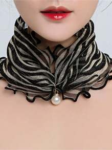 1pc Faux Pearl Pendant Scarf Necklace, Lace Collar Chiffon False Collar - Black and White - View 1