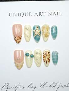 10 件套欧美风格短杏仁人造按压指甲，手绘渐变 3D 海星水母浮雕扎染设计水滴指甲片，法式指甲设计，海滩必备，珍珠镶嵌，奢华优雅的手工夏季指甲，Y2K Baddie 美学，DIY 假指甲适合女性和女孩作为礼物指甲用品 - 1 个指甲锉和 1 个凝胶 - 彩色 - 查看 2