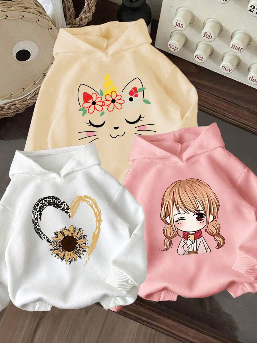 3pcs/Set Toddler Cartoon Pattern Warm Hooded Sweatshirts - Multicolor - View 1