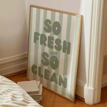 1pc So Fresh And So Clean Wall Art Picture Sage Green Striped Prints Canvas Paintings Funny Bathroom Posters Retro Quote Decor For Bedroom,Living Room,Dorm Y2k Apartment Laundry Room Decor Gift For Her Unframed Or Framed - Multicolor - View 4