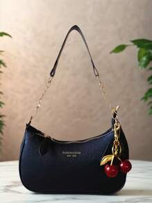 1 件黑色 Wild Letter 卵石纹 PU 皮革单肩包 - 夏季斜挎新月包，带樱桃吊坠，纯色腋下钱包，适合购物、海滩和学校