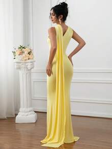 HOMEYEE 纯色百搭圆领荷叶边系带性感不对称肩部修身超长连衣裙，适合正式场合、鸡尾酒会、婚礼，优雅有弹性 - 黃色 - 查看 8