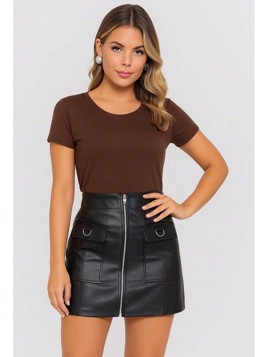 Women's Basic Viscolycra Blouse Round Neck Baby Look Short Sleeve - Rust Brown - View 1