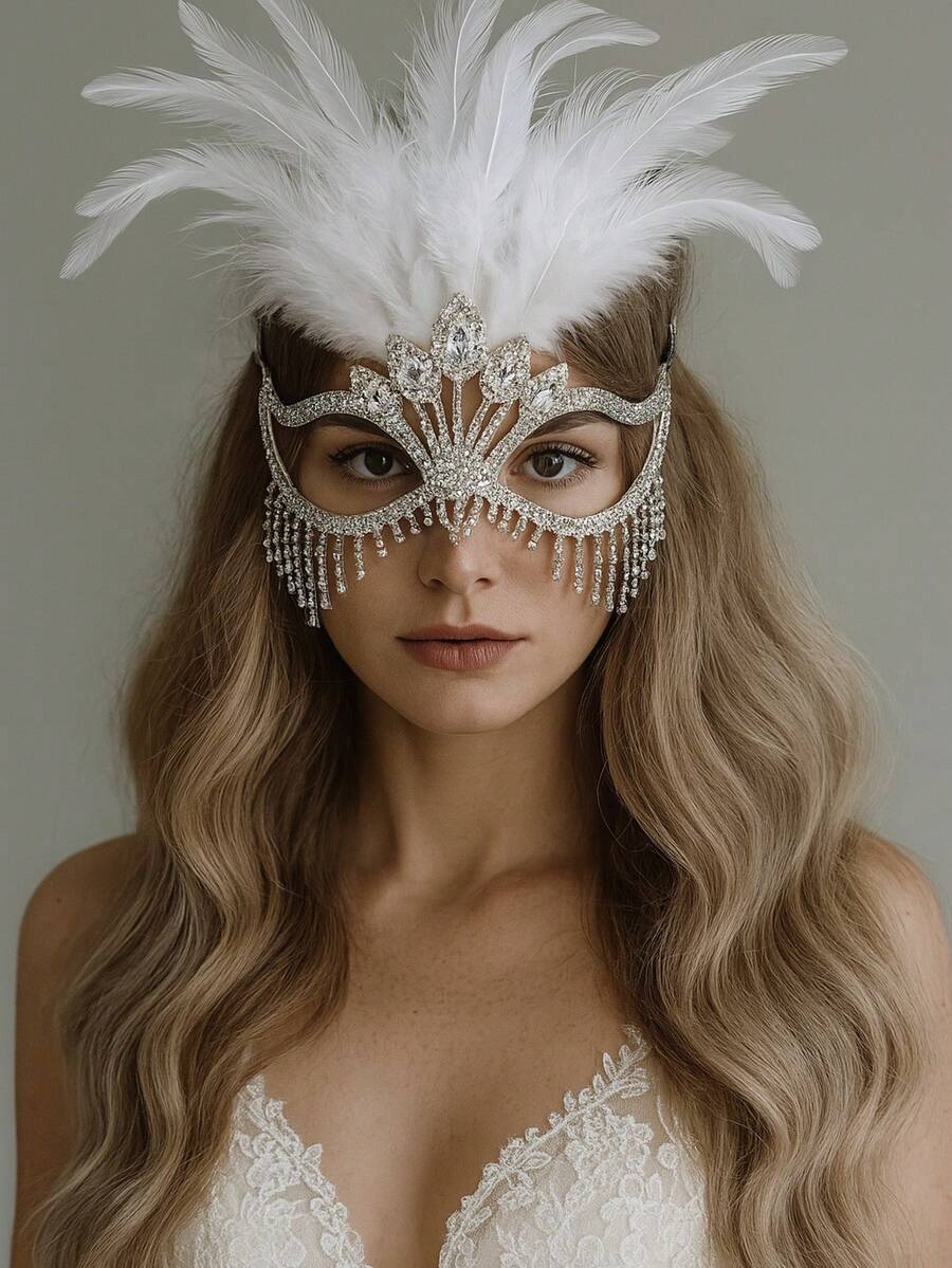 Silver Feather Rhinestone Tassel Mask, Luxury Crystal Facial Decor, Masquerade Party Mask For Women - Silver - View 1