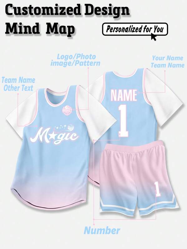2 piezas Conjunto deportivo personalizado de camiseta de baloncesto de mujer de manga corta + pantalones cortos con nombre del club, número y logotipo - Uso deportivo y casual para primavera/verano