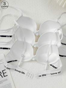 3 PCS Solid Color Letter Tape Push Up Underwire Bra