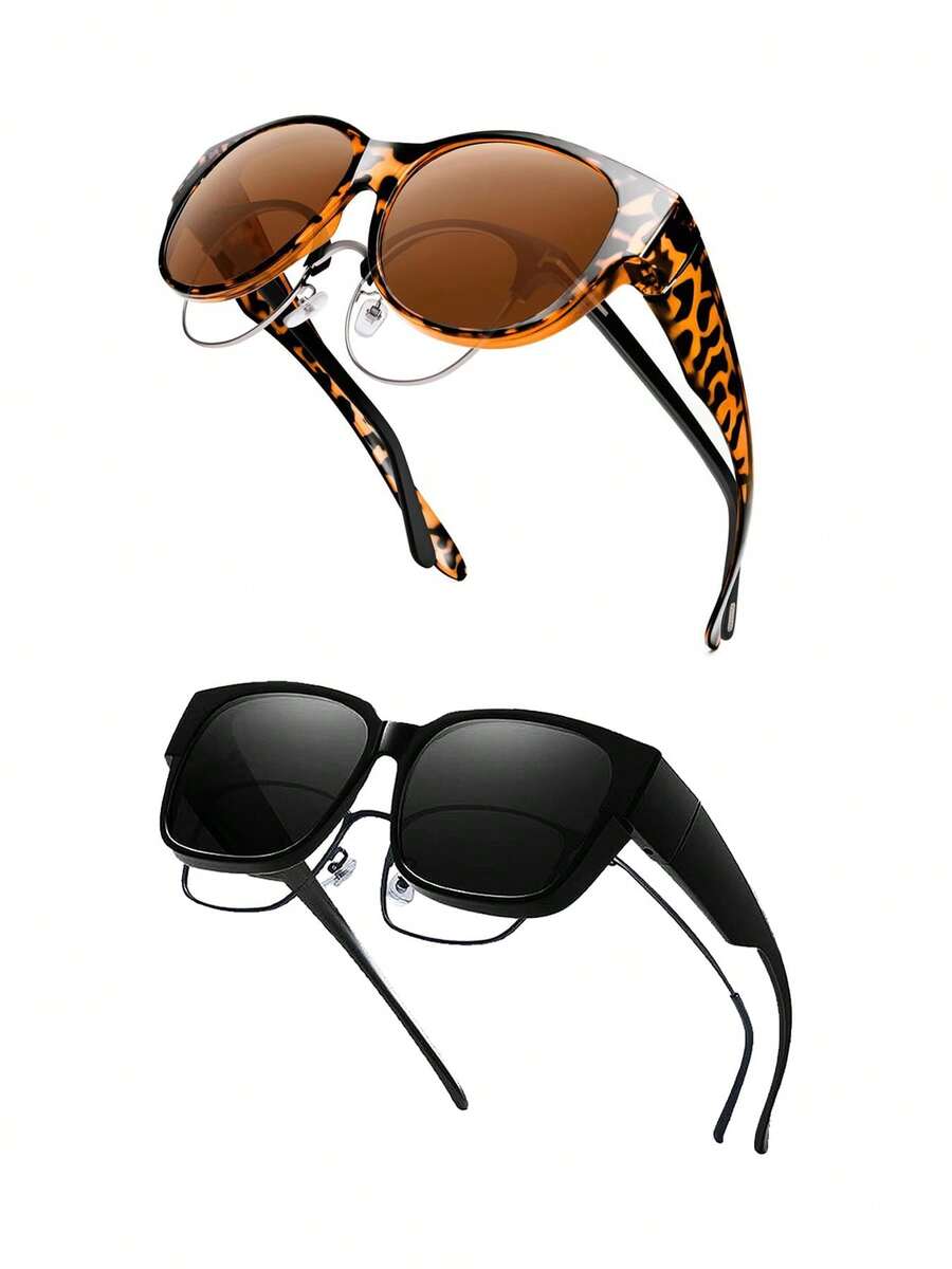 This Pair Of Large Frame Sunglasses Suitable For Nearsighted People Comes In Two Pairs, Unisex. The Leopard Print Frame Is Paired With Brown Lenses, And The Pure Black Frame Is Paired With Black Lenses, Exuding A Retro, Minimalist, And Classic Style. It Perfectly Blends Business And Casual Wear, Adding A Touch Of Elegance To Any Outfit. Simultaneously Adapting To Multiple Scenarios For Use - 彩色 - 查看 1