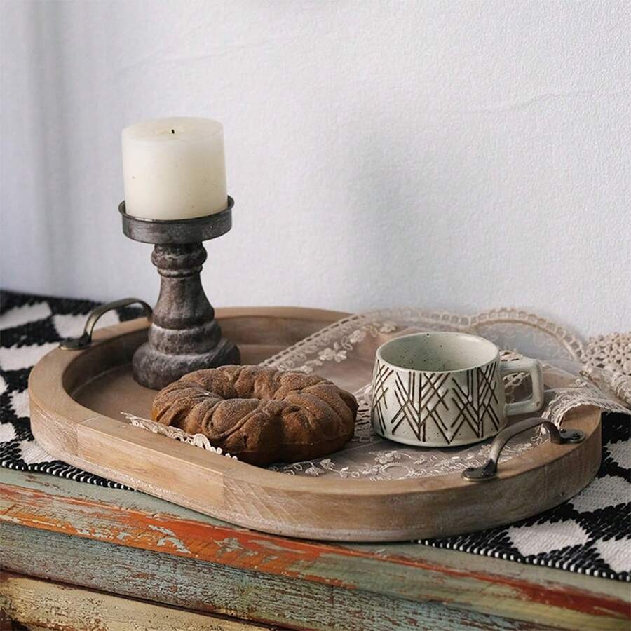 1PC Pastry Solid Wood Tray, Wooden Tea Tray Serving Tray With Handles For Home Decor Decorative Round Tray For Living Room Decor Coffee Table Decor Kitchen Table Decor Or Farmhouse Serving Tray