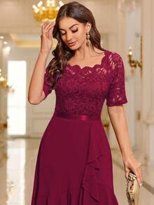 MIUSOL Boat Neck Floral Lace Paneled Ruffle Hem Cocktail Party Swing Dress