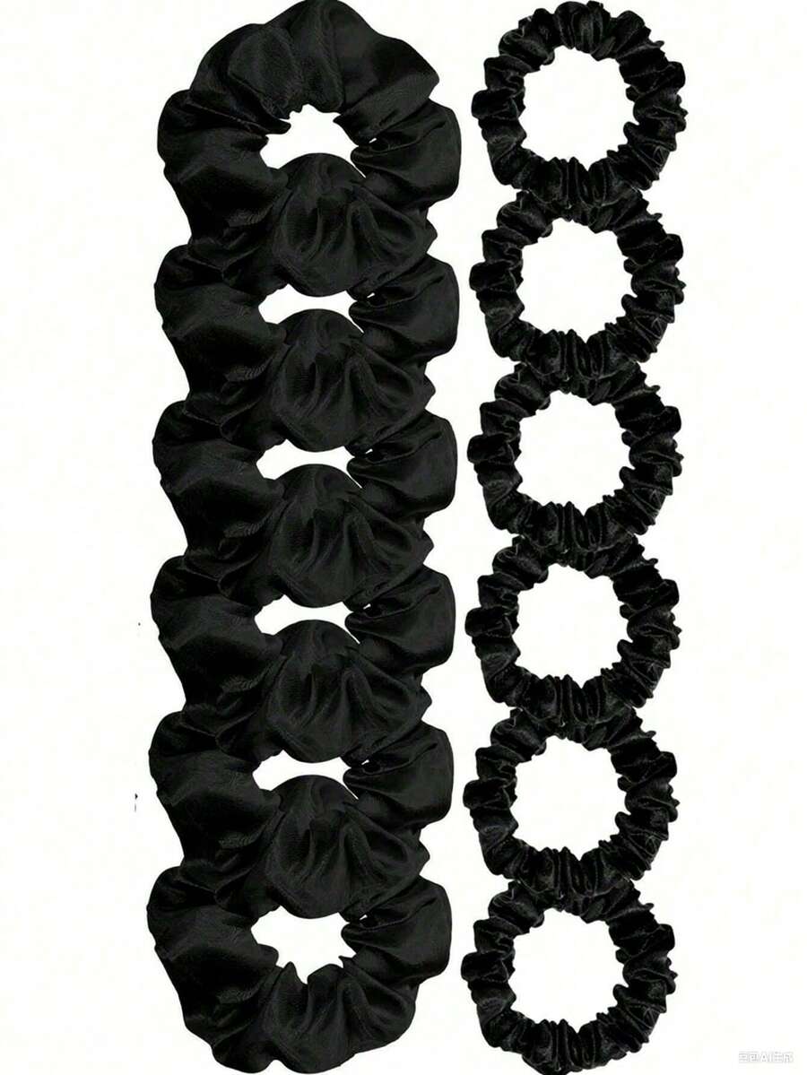 12条装缎面发圈，丝滑弹力细发绳，纯色发绳，马尾辫发圈，女士女孩发饰，两种尺寸（黑色），返校季学生日常必备，马尾辫发圈，发圈，洗脸化妆居家健身女性配饰，头部配饰，美容家居卧室装饰 - 黑色 - 查看 1
