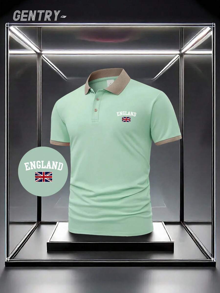 Men Summer Outfits - The British Style Is Here! Contrasting Color Polo Shirt With "ENGLAND" Letters And Embroidered Union Jack, The Display-Style Presentation Fully Showcases The Product, Creating A High-End Outfit. - Green - View 1