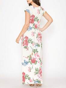 Tiered Tropical Short Sleeve Leaves Floral  Maxi Long Woven Dress - ngà voi - Xem 4