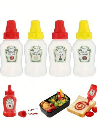 4pcs Mini Sauce Bottles - Portable Condiment Squeeze Containers For Ketchup, Oil, Soy Sauce, Honey And Salad Dressing - Suitable For Lunch Box, Outdoor Picnic Party And Kitchen Use Christmas Gift,School Supplies